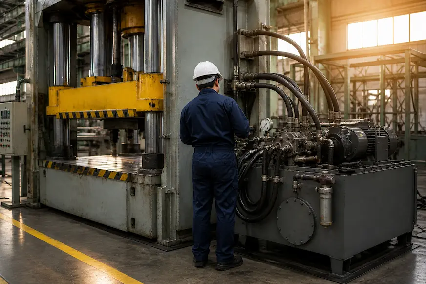 Bomba hidráulica industrial integrada a unidad de potencia de prensa en planta de manufactura mexicana.